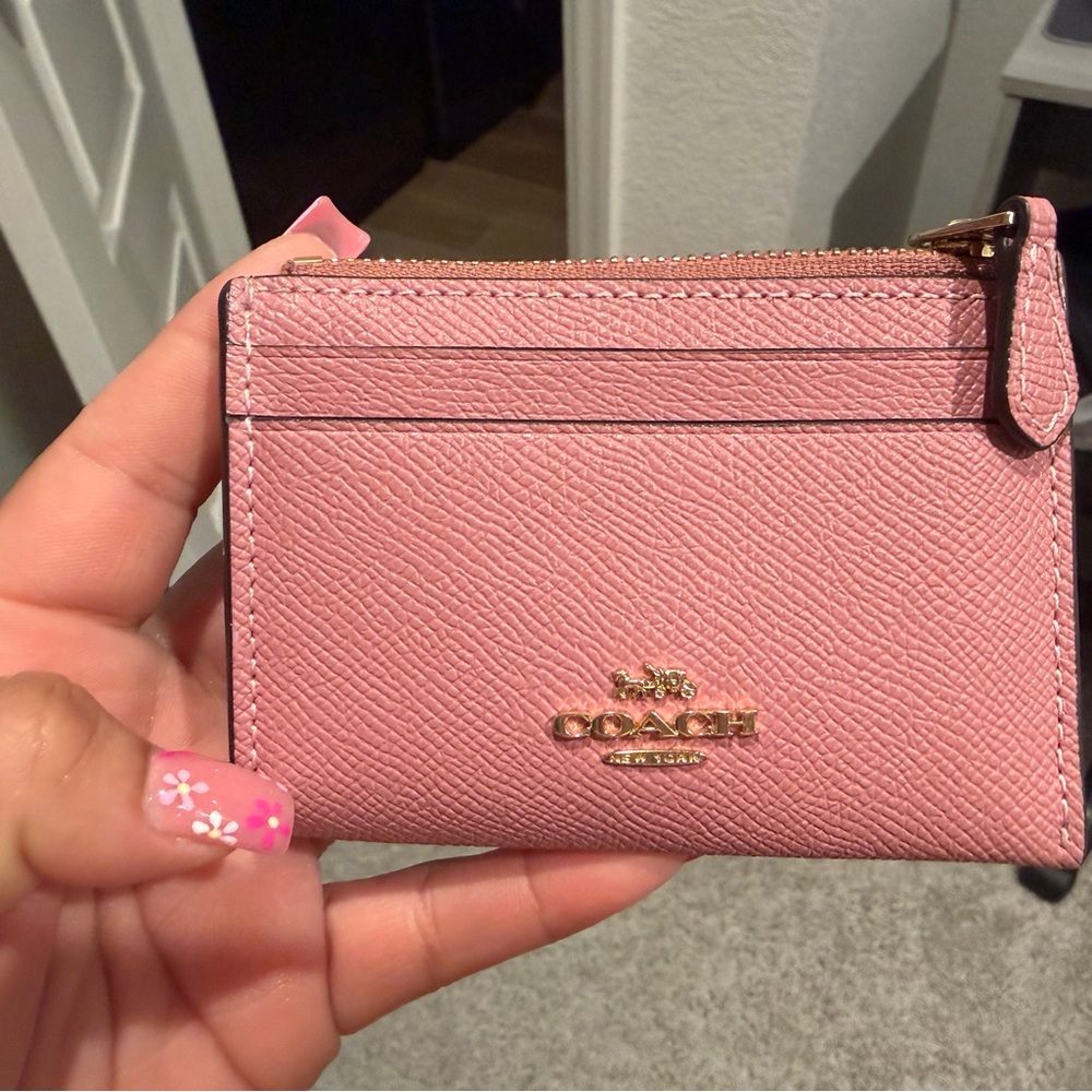Coach Pink skinny ID Wallet with Gold Zip Accent